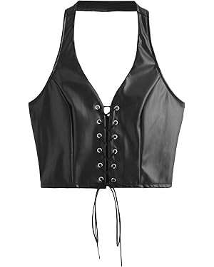 SweatyRocks Women's Faux Leather Crop Tank Top Lace Up Tie Front Halter Tops | Amazon (US)