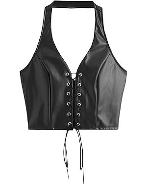 SweatyRocks Women's Faux Leather Crop Tank Top Lace Up Tie Front Halter Tops | Amazon (US)