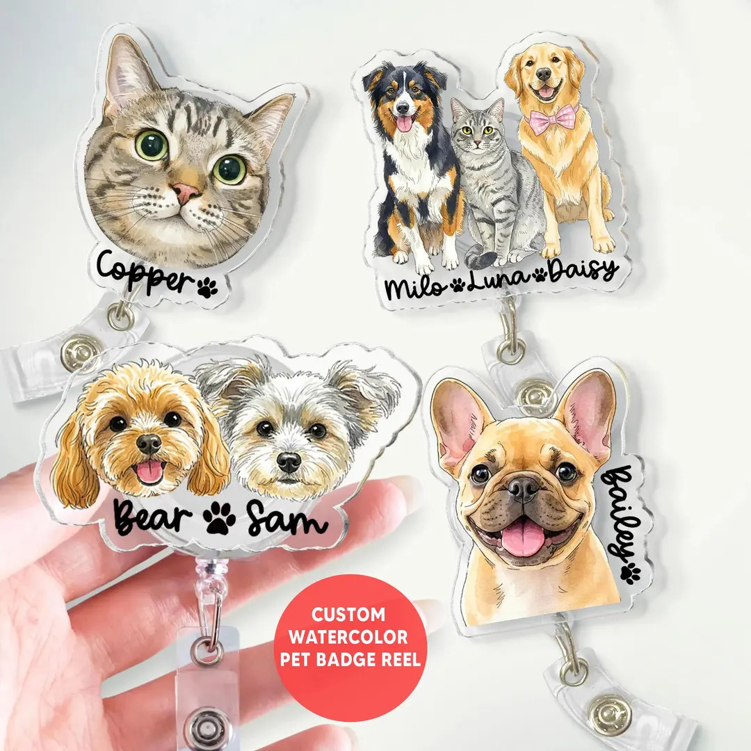 Custom Pet Watercolor Badge Reel From Photo, Hand Drawn Dog Cat ID Holder, Nurse Gift, Vet Tech N... | Etsy (US)
