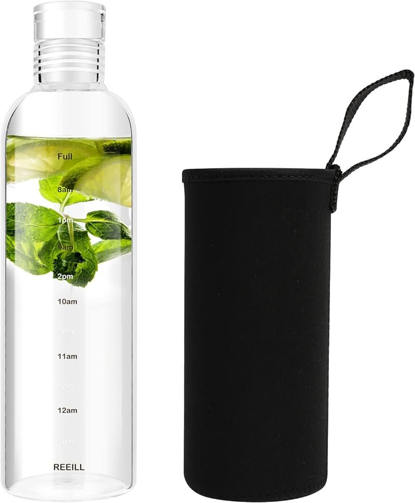 Snminetal Clear Glass Water Bottles With Time Marker Non-slip Sleeve And Lid, Reusable Glass Drin... | Amazon (US)