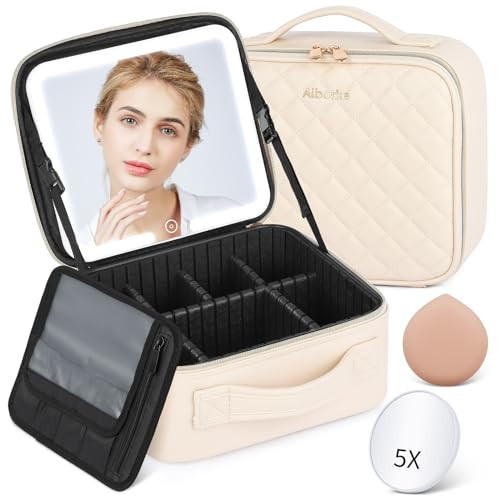 Aiborke Travel Makeup Bag with Led Mirror Make up Case with Lighted Mirror Cosmetic Organizer bag with Adjustable Dividers and 5X Magnifying Mirror Makeup Box Organizer Vanity Case for Women (Beige) | Amazon (US)