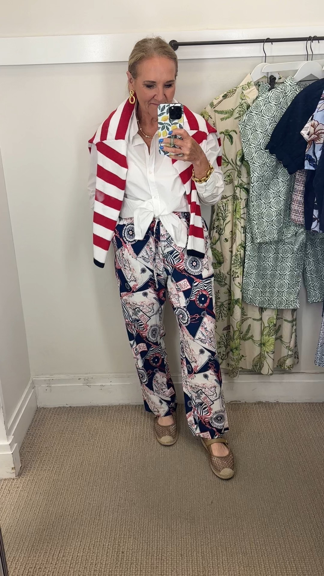 The cutest Fourth of July and nautical prints here. Pants I’m wearing a small sweater. It is a size large.
Blouse is by Quince wearing a medium
Talbots sale 
Cruise outfit, nautical outfit, Fourth of July flag sweater 

#LTKSaleAlert #LTKOver40 #LTKSeasonal