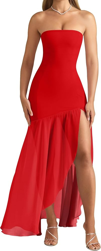 OQQ Women’s Strapless Maxi Dresses Bodycon Mesh Fishtail with Slit Wedding Guest Cocktail Party... | Amazon (US)