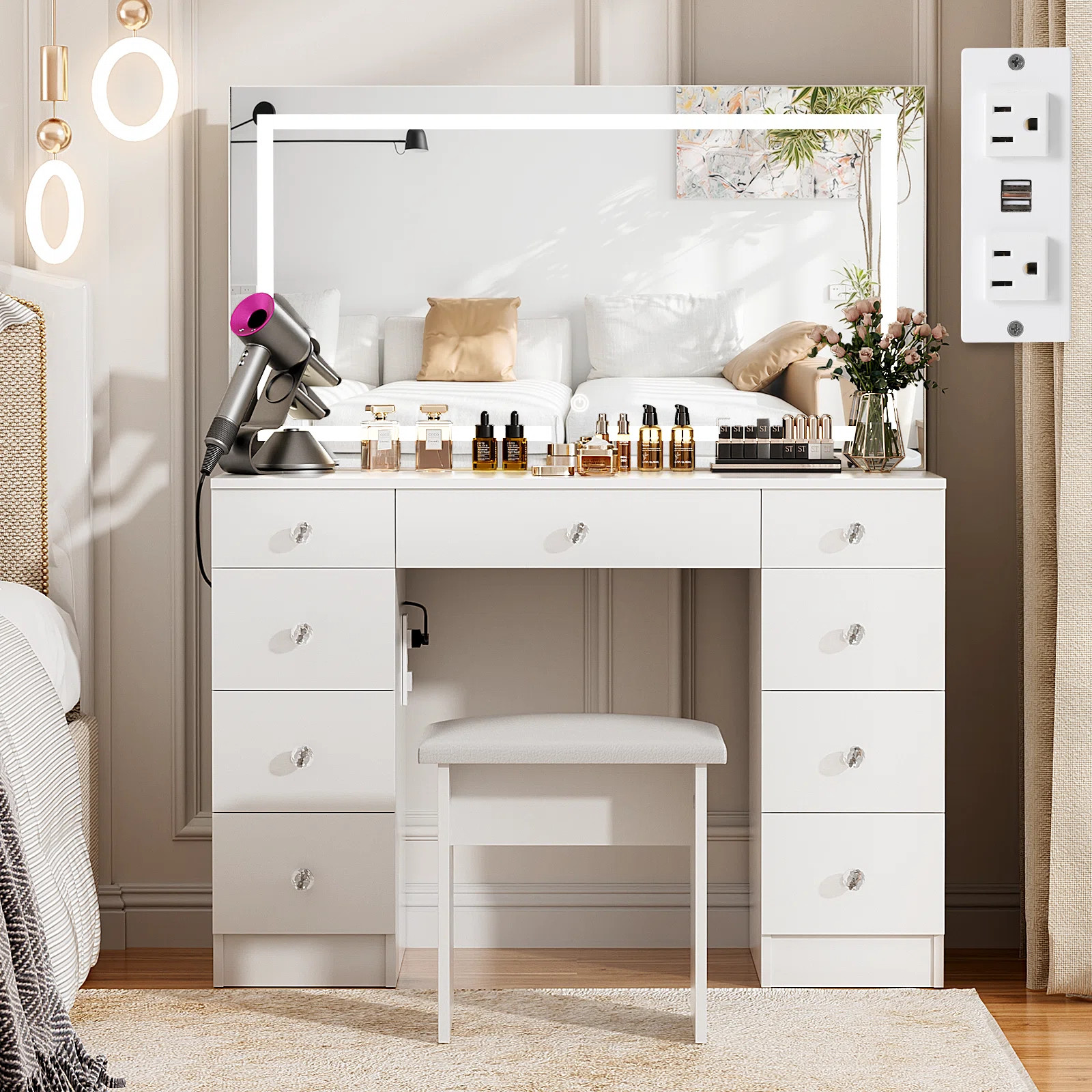 Greyden Vanity Set With LED Mirror & Power Outlets, 9 Drawers with Diamond Handles | Wayfair North America