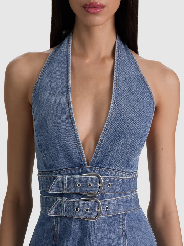SOLANA BUCKLE DENIM HALTER MINI DRESS | Alice + Olivia