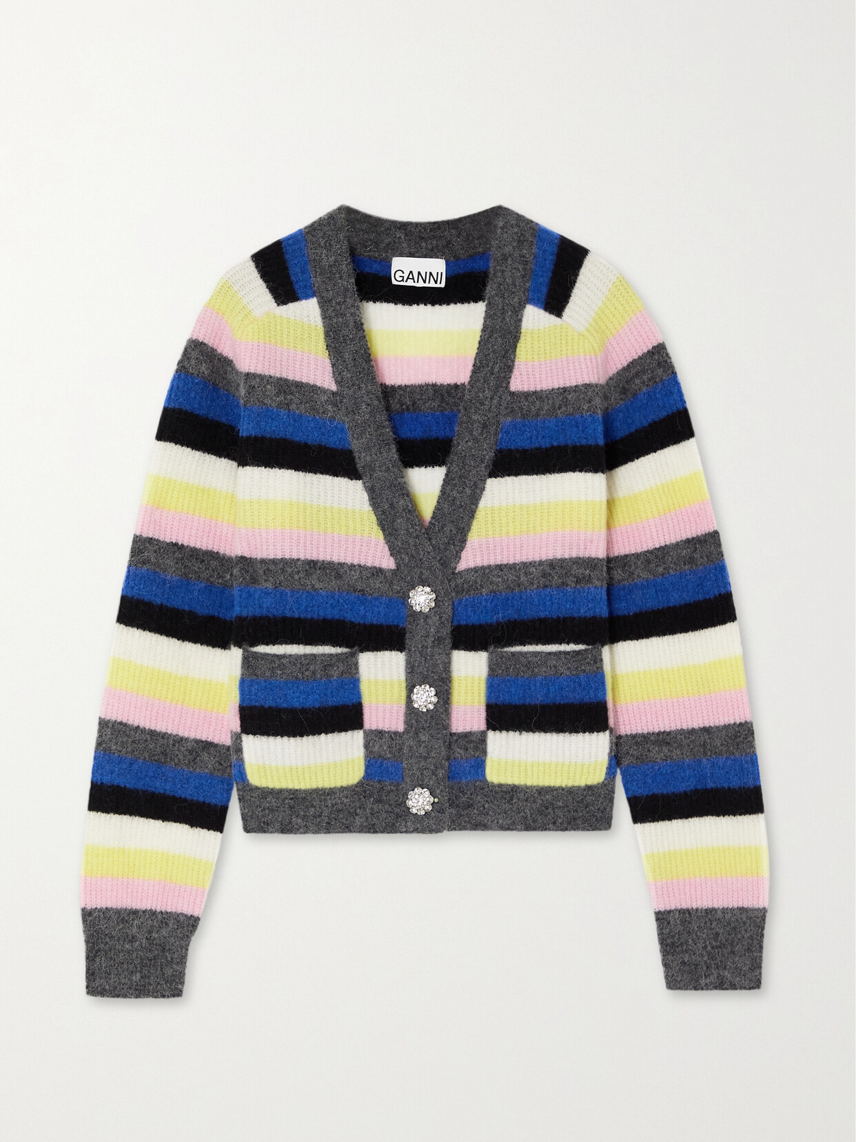 GANNI - Embellished Striped Ribbed-knit Cardigan - Blue | NET-A-PORTER (US)