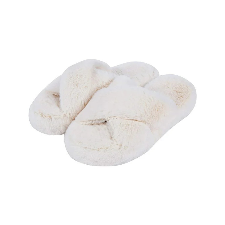 DL Fluffy Womens House Slippers Cross Band Open Toe Bedroom Slippers Fuzzy | Walmart (US)