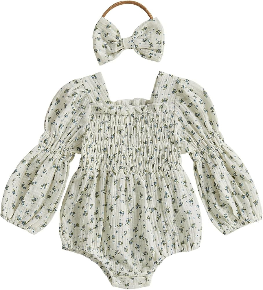 Smocked Baby Girl Clothes Newborn Girl Bubble Romper Long Sleeve Jumpsuit And Headband Outfit Cut... | Amazon (US)