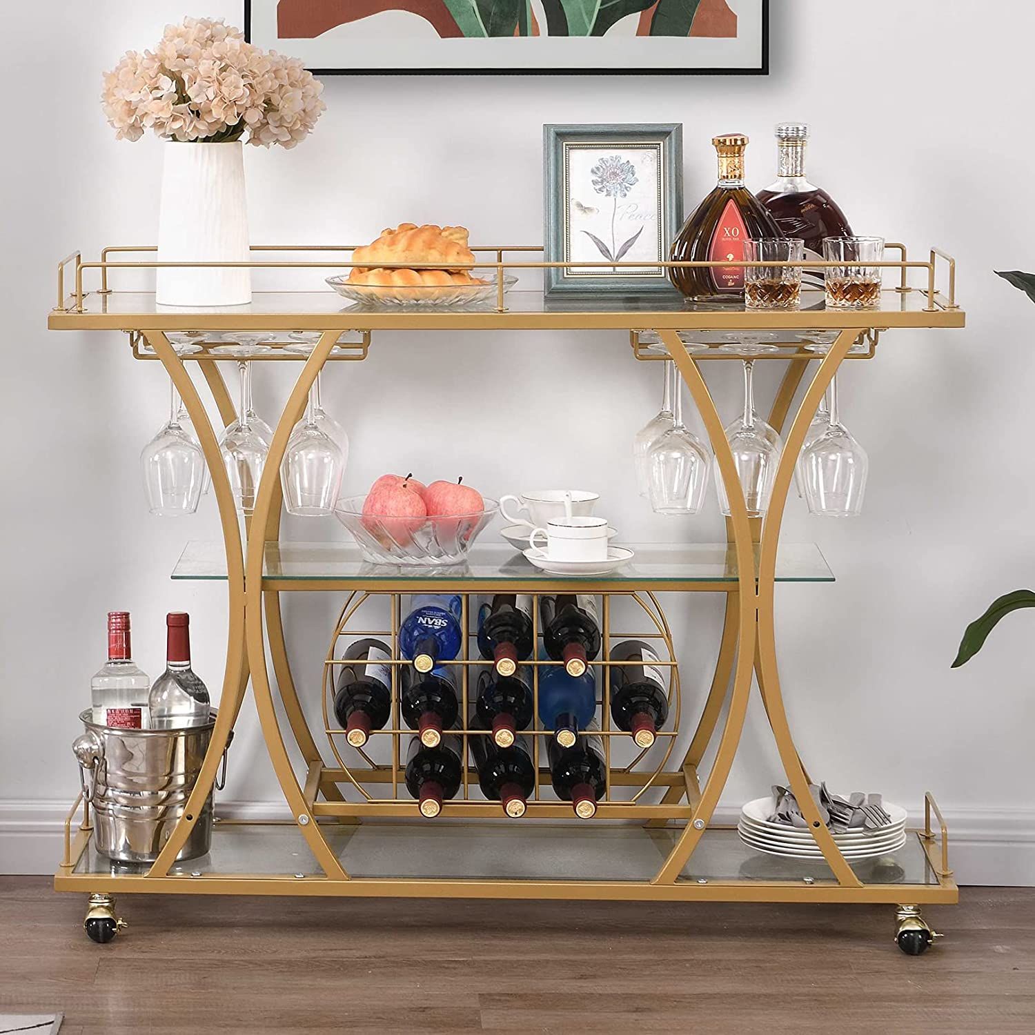 HOMYSHOPY Bar Serving Cart with Glass Holder and Wine Rack, 3-Tier Kitchen Trolley with Tempered ... | Amazon (US)