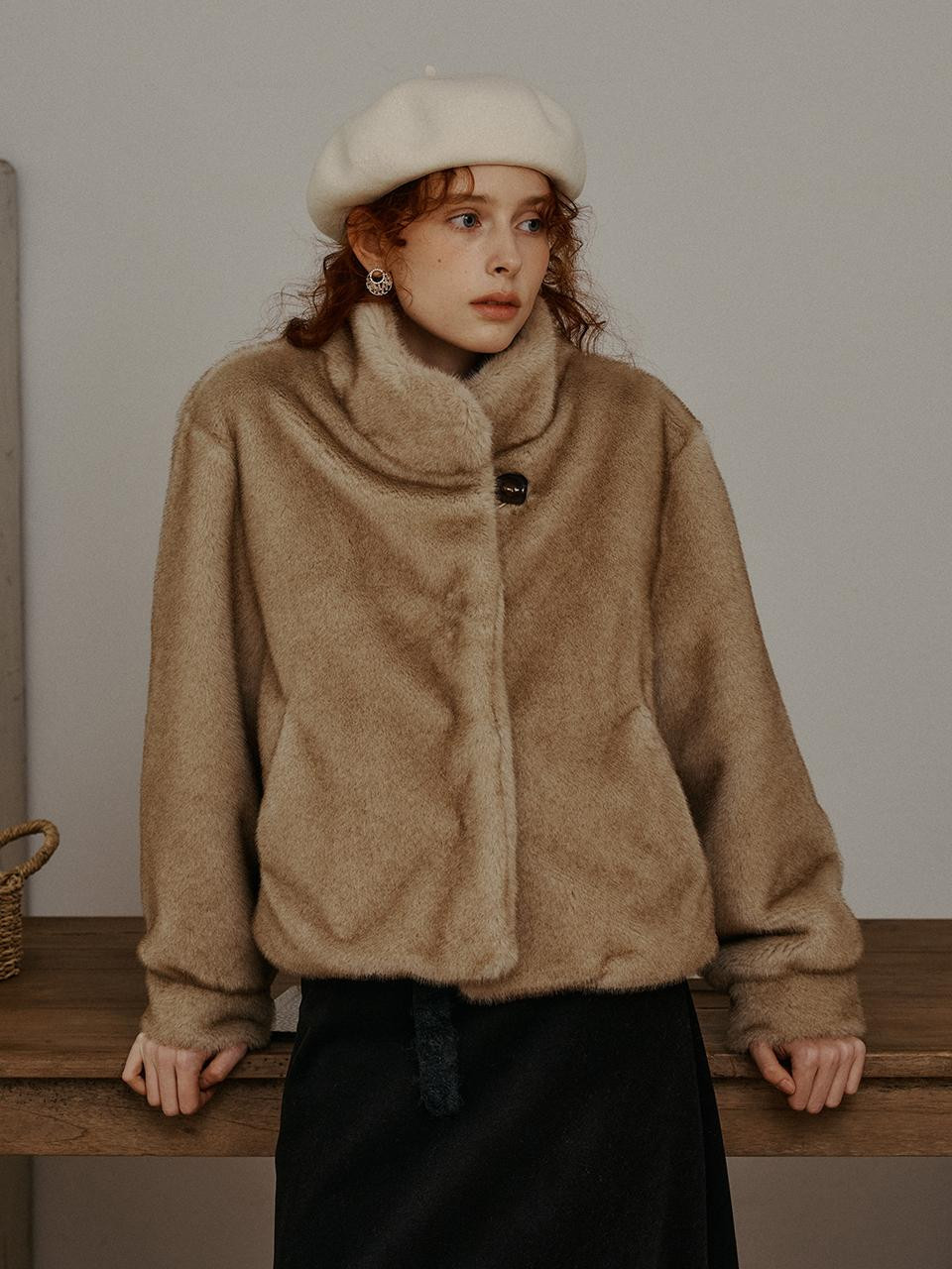High Neck Luxurious Faux Fur Jacket [BEIGE] | W Concept (US)
