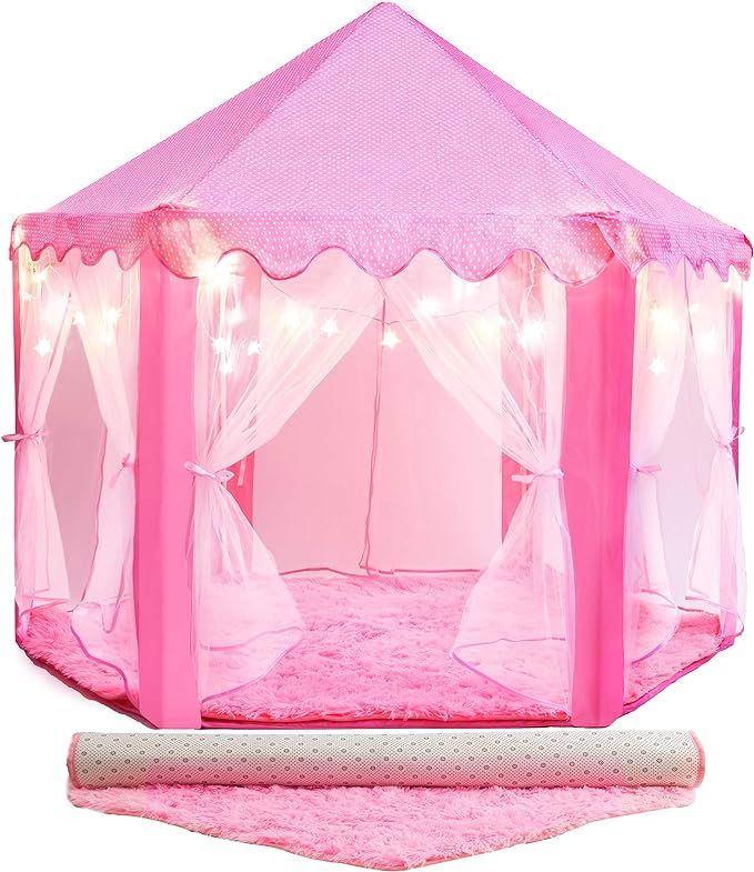 PLAYVIBE 55'' X 53'' Princess Tent for Kids - Includes Ultra Soft Rug & Star Lights | Princess Ca... | Amazon (US)