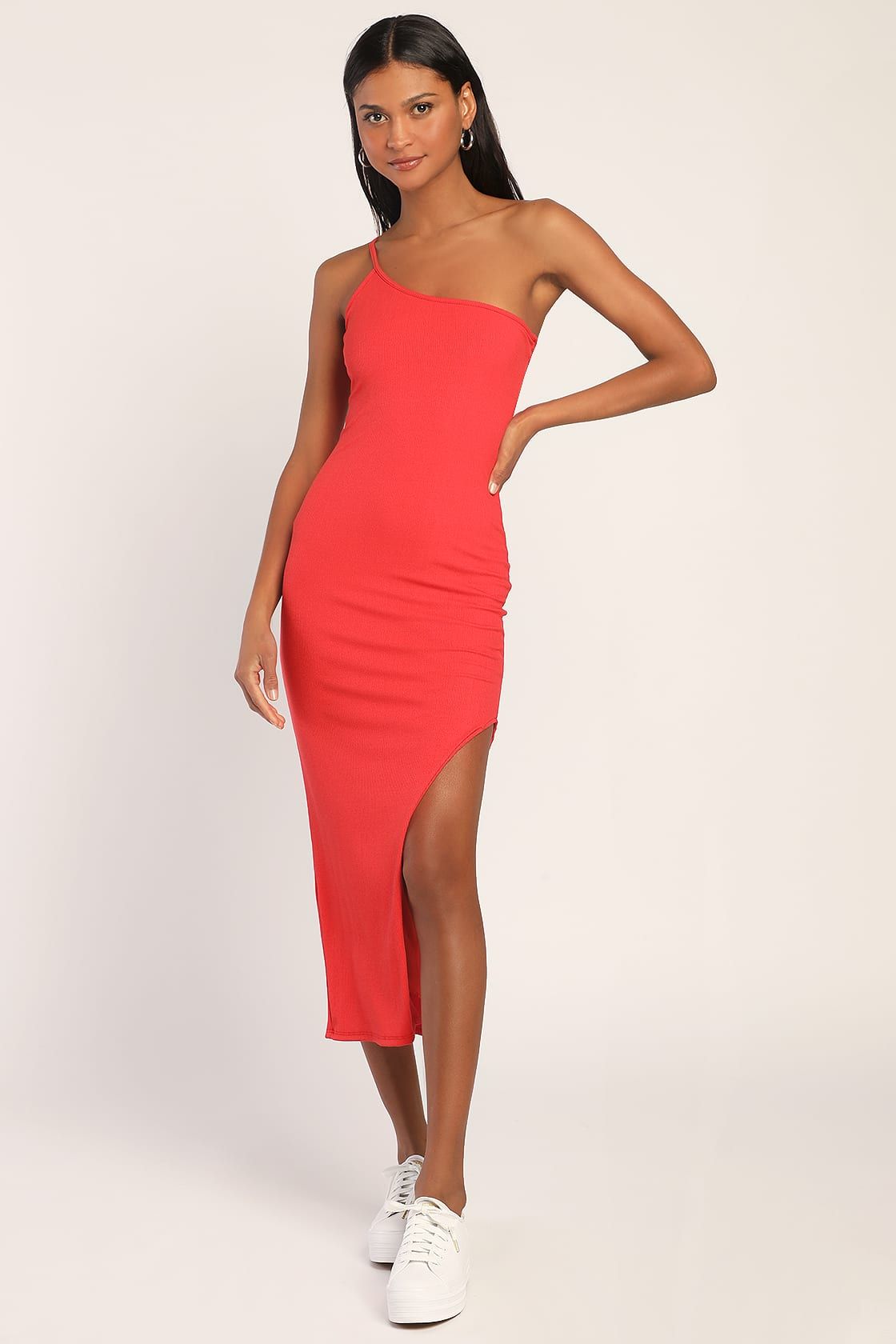 Drama For Days Red Ribbed One-Shoulder Bodycon Maxi Dress | Lulus (US)
