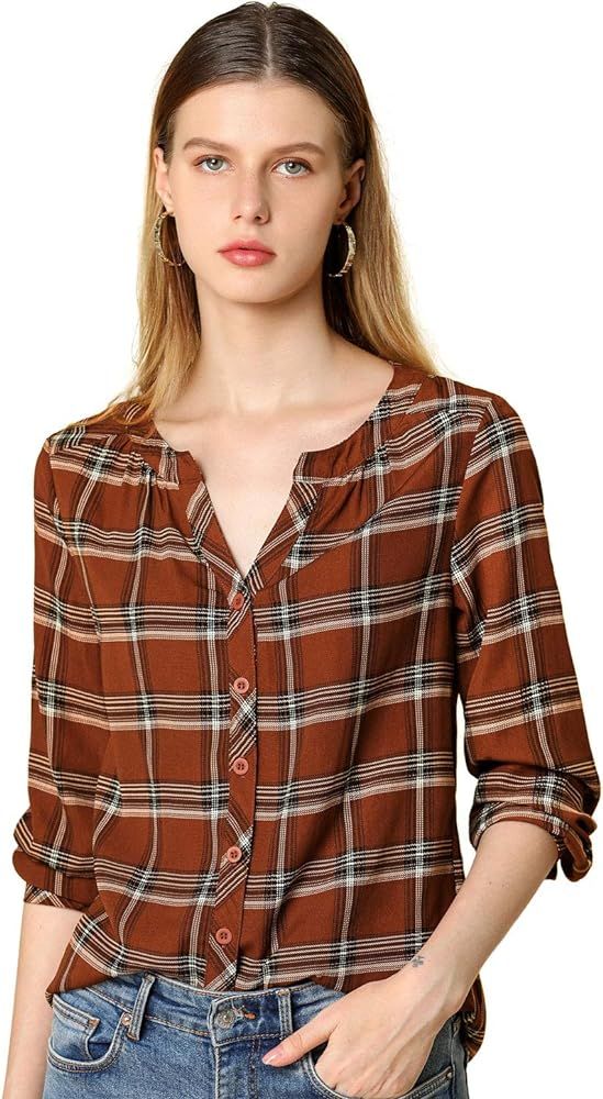 Allegra K Women's Casual Plaid Blouse Button Up V Neck Long Sleeve Western Shirt | Amazon (US)