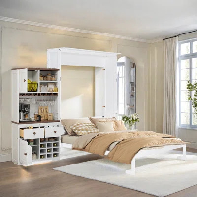 Queen Size Storage Murphy Bed With Lighted Headboard,Glass Holder And Wine Rack | Wayfair North America