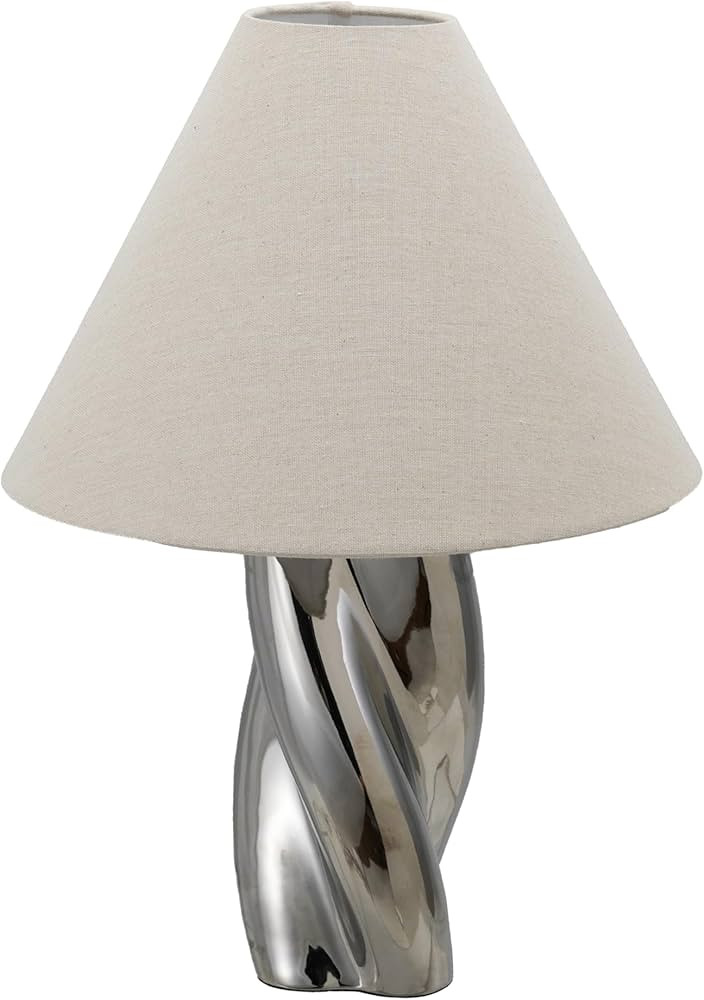 Bloomingville Stoneware Twisted Table Lamp with Linen Shade and Inline Switch, Chrome Finish | Amazon (US)