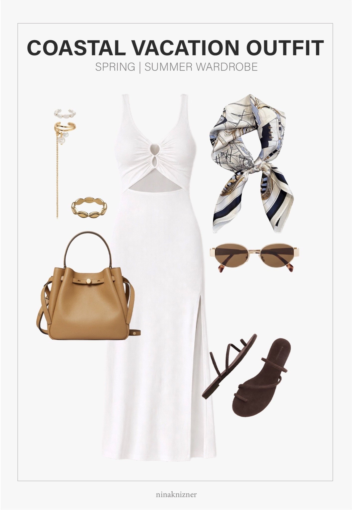 Timeless but modern, and elegant but whimsical, spring/summer outfit. 

Love loveee the Camille dress in white. Can really play with colors here, or just keep it neutral. A fun way to style a minimal dress like this, is to add a cool element like a patterned scarf and statement jewelry. I’m also obsessed with raffia in the summer, which you can easily add via a purse. Here, I’m doing leather, it nicely echoes the elegant feel of the scarf.

This fit is perfect for the West Coast USA, or somewhere like the Mediterranean. 

- L*Space - Camille Dress in French Blue
- Celine - Triomphe 54mm Oval Sunglasses in Shiny Rose Gold/Brown
- Amazon - Jerla Mulberry Silk Square Scarf in Blue Sailboat
- Tory Burch - Romy Pebble Leather Bucket Bag
- Reformation - Ludo Toe Ring Strappy Flat Sandal in Espresso Suede
- Ettika -  Pearl Drama Ear Cuff Set


#spring #springoutfits2026 #womenspringoutfits #summer #summeroutfits2026 #womensummeroutfits  #traveloutfits #destinations #beachvacation #coastal #westcoast #coastalcalifornia #vacation #sightseeing #village #mediterranean #beach #essentials #staples #capsulewardrobe #minimalist #basics #lspace #dress #springdress #summerdress #maxidress #mididress #sundress #whitedress #ovalsunglasses #celine #brownsunglasses #leathersandals #suede #sandals #flats #slipons #shoes #springshoes #summershoes #travelshoes #strappysandals #bucketbag #springbag #summerbag #earcuff #jewelry #pearl #pearplearrings #scarf #silk

#LTKgrwm #LTKSeasonal #LTKTravel