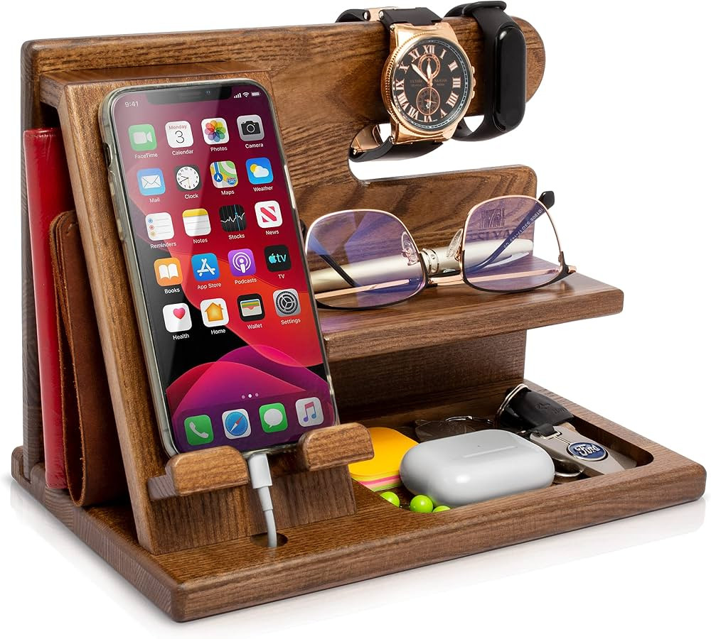 TESLYAR Wood Phone Docking Station Ash Key Holder Wallet Stand Watch Organizer Men Husband Wife A... | Amazon (US)