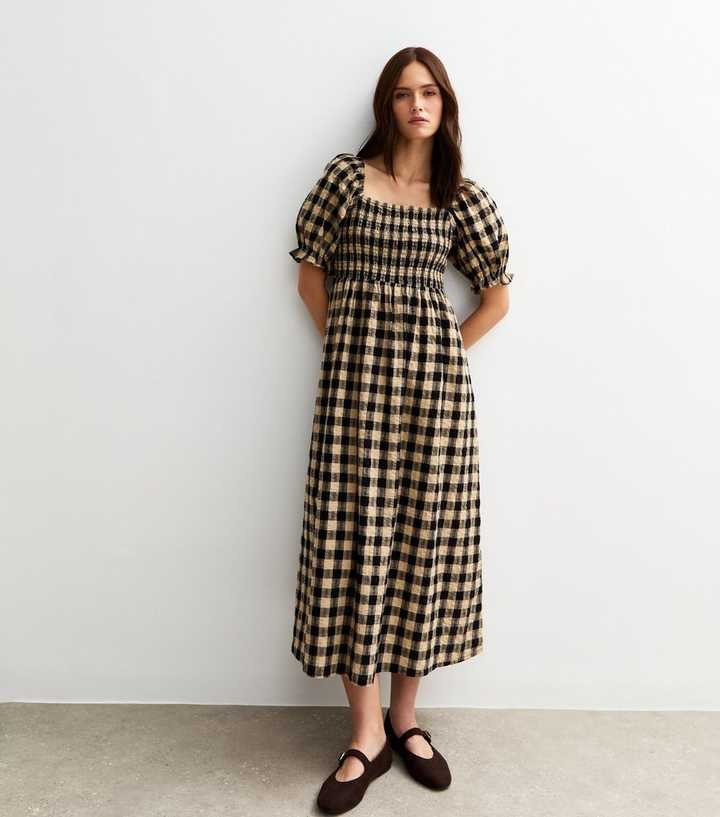 Brown Checked Puff Sleeve Seersucker  Midi Dress | New Look | New Look (UK)
