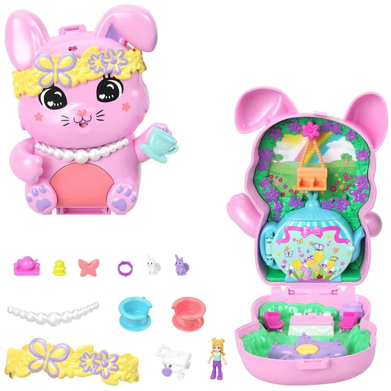 Polly Pocket Tea Party Bunny Compact Playset with 1 Micro Doll, Pet Bunnies & Styling Accessories | Walmart (US)