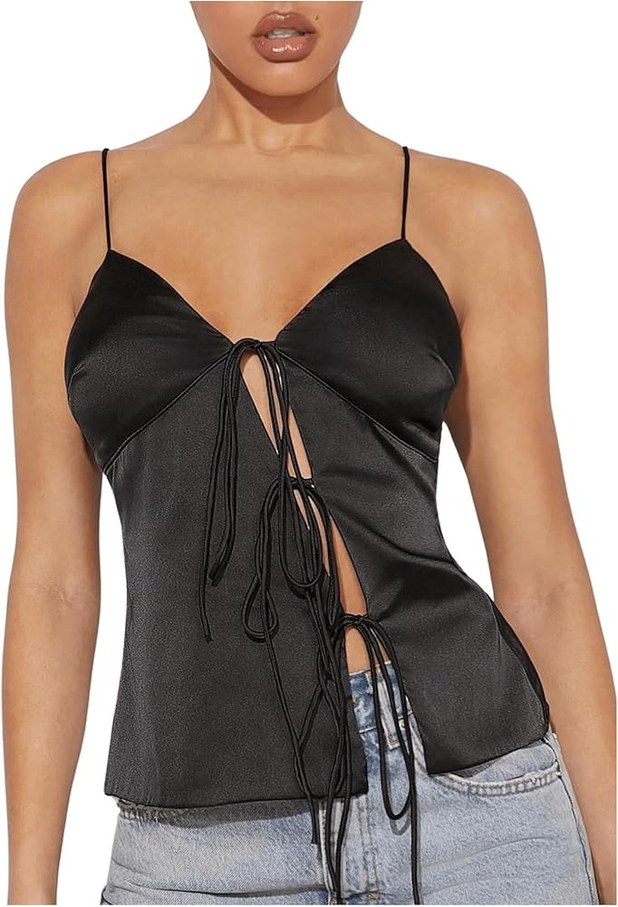 WDIRARA Women's Satin Cami Hollow Out Top Tie Front Spaghetti Strap Camisole Tops | Amazon (US)