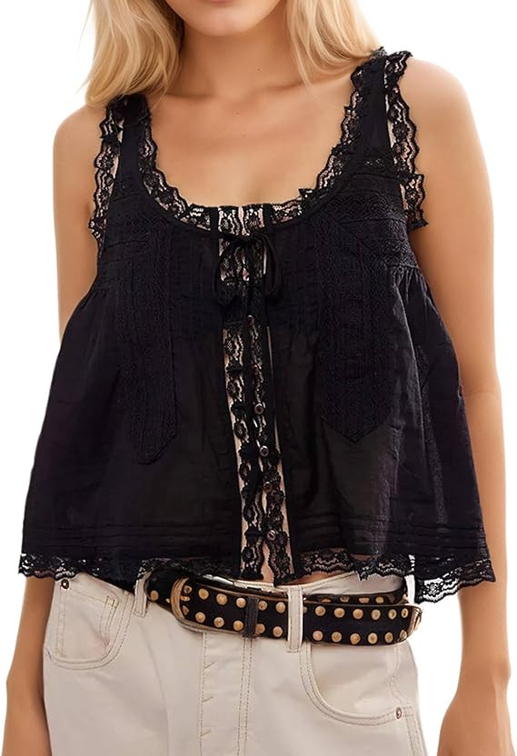 Women Boho Lace Tank Top Boho Summer Vacation Top Sleeveless Button Down Front Tie Lace Y2k Tops ... | Amazon (US)