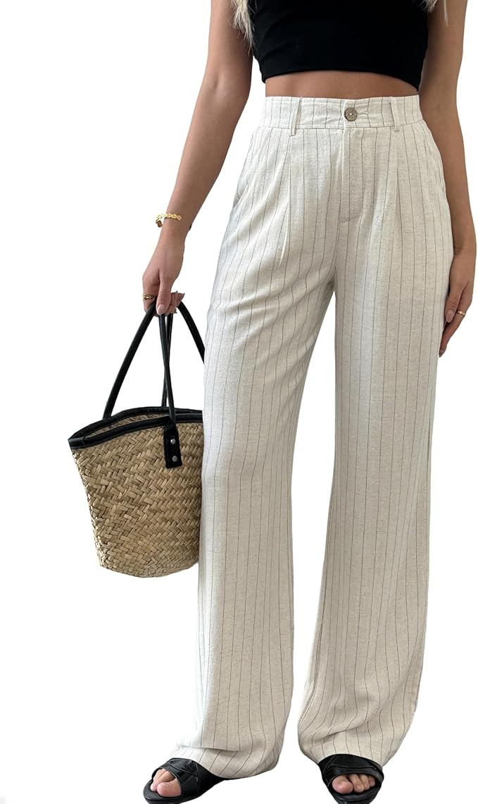 heipeiwa Women's Linen Casual High Waist Wide Leg Straight Dress Cotton Linen Pants Button Trouse... | Amazon (US)