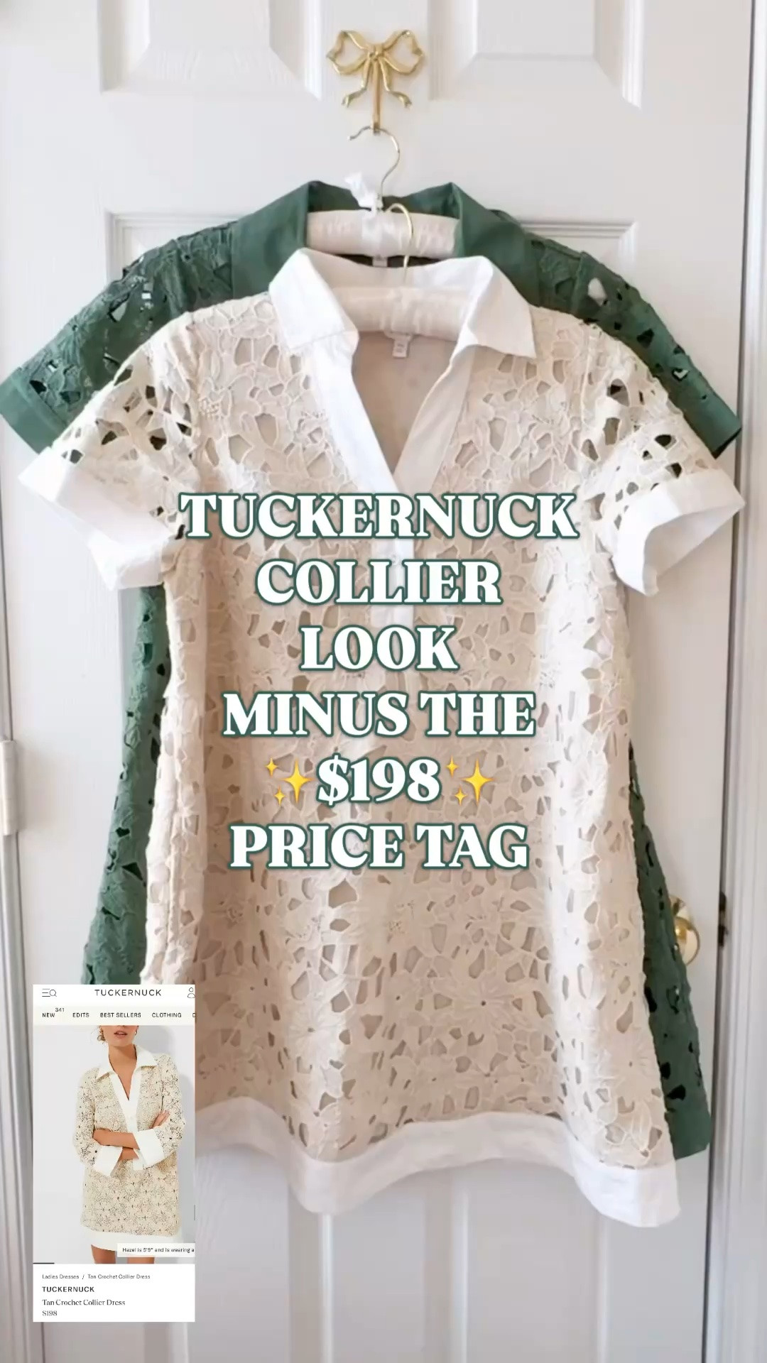 Tuckernuck Collier dress look for less | eyelet mini dress | Belk dress | preppy summer dress | designer look for less

These dresses give the $198 Tuckernuck Collier Dress look for way less. 

The collared V-neckline, short sleeves, button detail, contrast trim, fully lined body, mini length, and textured eyelet overlay give them that polished Tuckernuck-style summer dress look without the $198 price tag.

The green reads classic, preppy, and resort-m ready. The tan with white trim is the neutral summer dress you can wear with everything. Petite sizing and standard sizing are both available.

These are the dresses you buy now for the plans that always pop up later: brunch, church, vacation dinners, resort lunches, beach town shopping, bridal showers, baby showers, graduation parties, date nights, casual wedding guest outfits, garden parties, and summer events. 

Add gold sandals, raffia slides, pearl earrings, white sandals, wedges, a woven bag, or a cardigan over your shoulders.

If you love Tuckernuck dresses, the Tuckernuck Collier Dress, eyelet dresses, mini dresses, petite dresses, Belk finds, Crown & Ivy dresses, preppy summer dresses, vacation outfits, resort style, and designer looks for less, these dresses belong in the cart before the best sizes disappear.

Tuckernuck Collier dress look for less, Tuckernuck inspired dress, eyelet mini dress, Belk dress, Crown and Ivy dress, green mini dress, tan mini dress, neutral summer dress, collared dress, V neck dress, fully lined dress, petite dress, preppy summer dress, vacation dress, resort dress, bridal shower dress, casual wedding guest dress, designer look for less

#LTKFindsUnder50 #PreppyStyle #LookForLess #Tuckernuck #ShiftDress #SummerOutfit #SummerDress

#LTKSeasonal #LTKWorkwear #LTKPetite