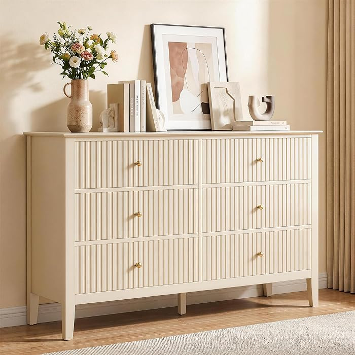 RoyalCraft Beige 6 Drawer Dresser, Fluted Modern Wood Chest of Drawers, Long Dresser for Bedroom ... | Amazon (US)