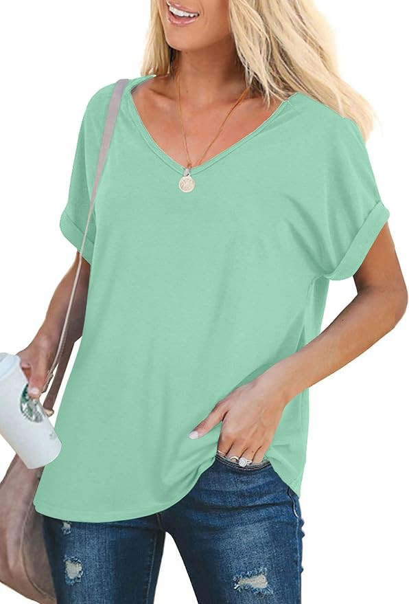 Jescakoo Womens V Neck Tshirts Short Sleeve Tops Casual Loose Fit | Amazon (US)