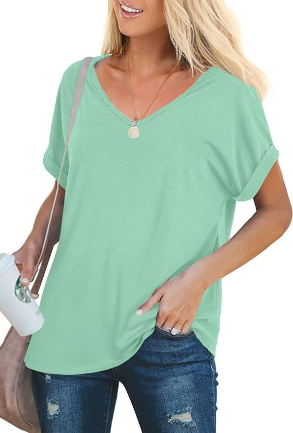 Jescakoo Womens V Neck Tshirts Short Sleeve Tops Casual Loose Fit | Amazon (US)