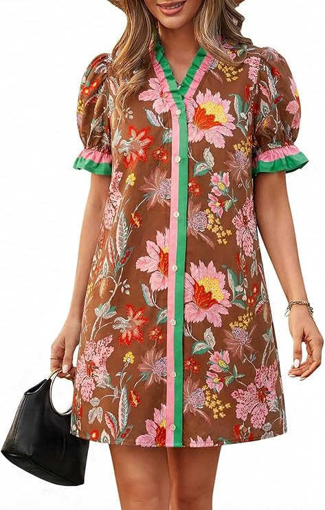 Wenrine Womens Summer Mini Dresses Casual Floral Puff Short Sleeve V Neck Button Down Ruffle Beac... | Amazon (US)