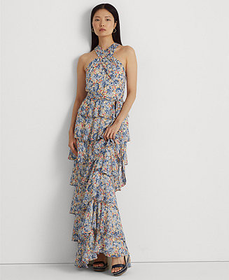 Women's Floral Crinkle Georgette Halter Gown | Macys (US)