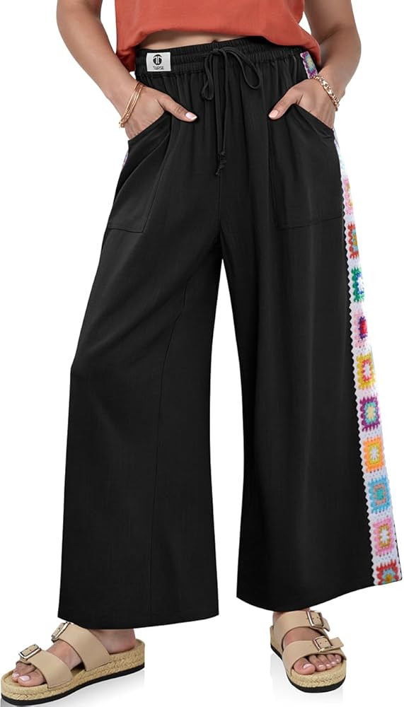 TARSE Womens Wide Leg Linen Pants Summer Casual Drawstring Loose Lounge Palazzo Crochet Panel Pan... | Amazon (US)