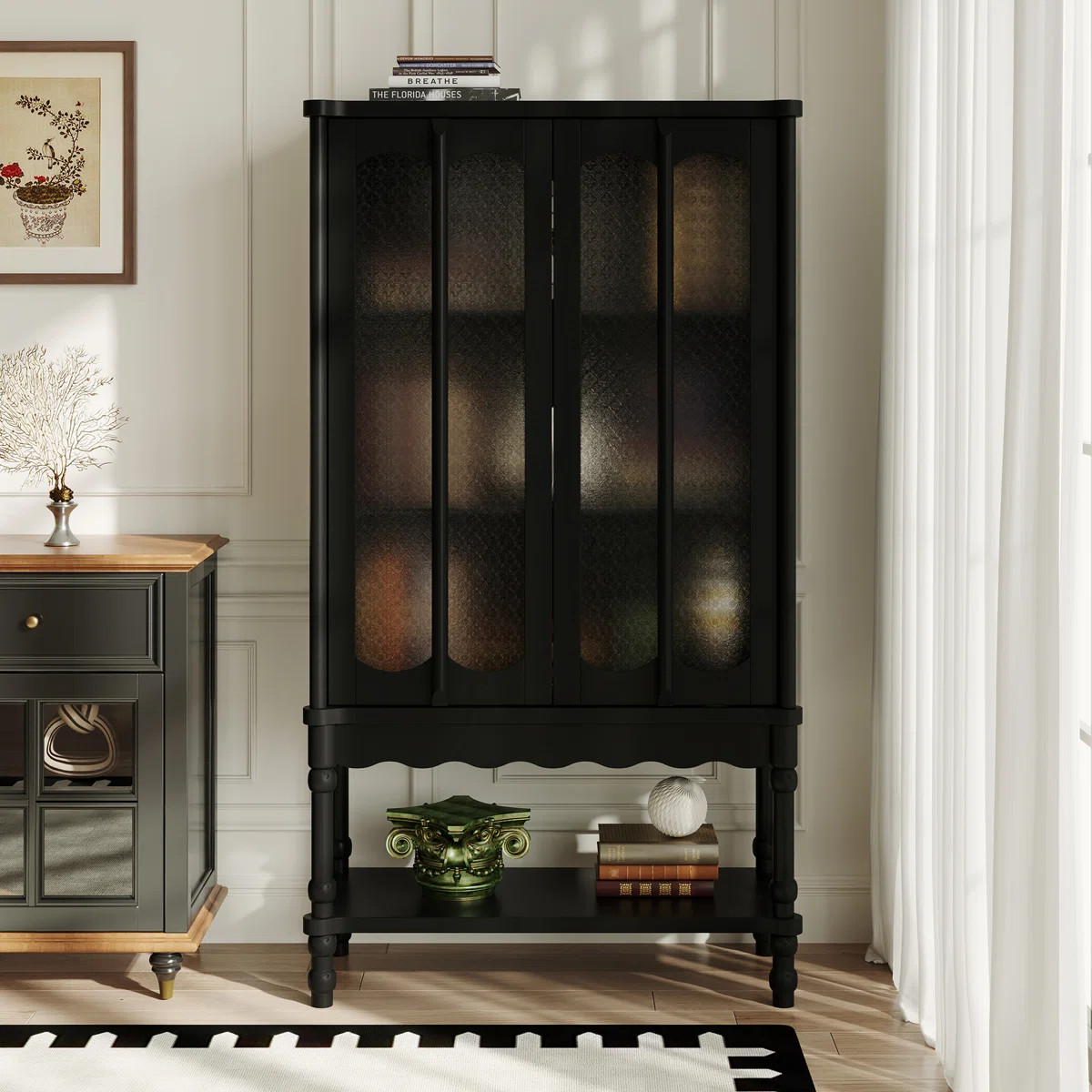 62'' H X 35 '' W Bookcase With Patterned Glass Doors And Open Shelve | Wayfair North America