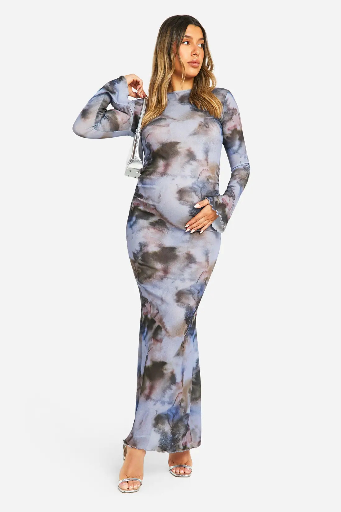 Maternity Abstract Print Lettuce Hem Long Sleeve Maxi Dress | boohoo (US & Canada)
