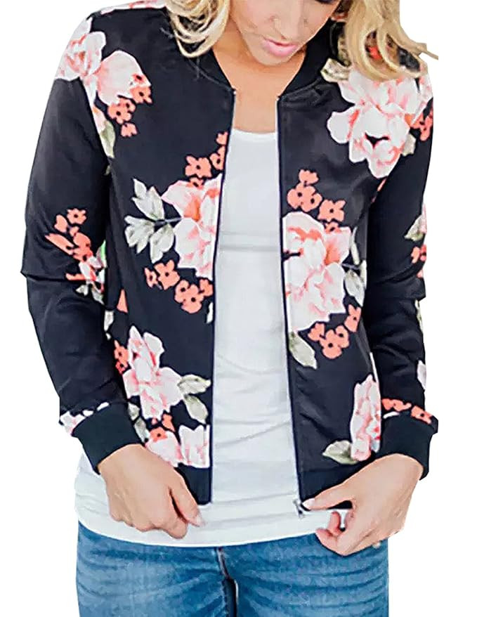 ChainJoy Women Floral Zipper Jacket Classic Long Sleeve Short Bomber Jacket Coat | Amazon (US)