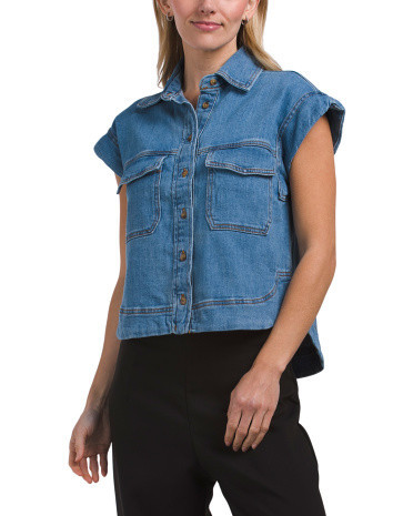 Short Sleeve Denim Blouse For Women, Spandex/Cotton | TJ Maxx