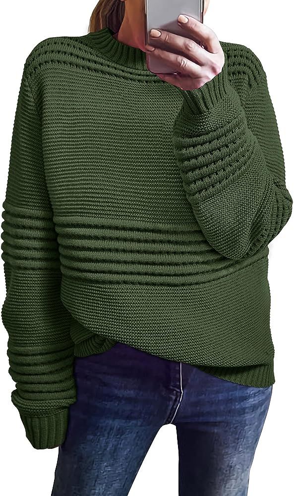 KIRUNDO Womens Sweaters 2023 Fall Long Sleeve Crew Neck Crochet Pit Striped Oversized Casual Chunky  | Amazon (US)