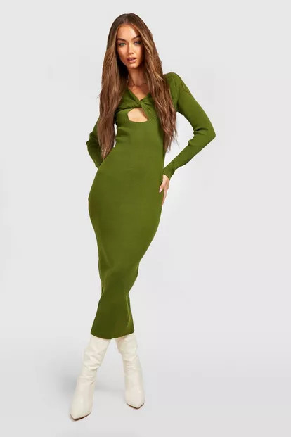 Premium Rib Knit Twist Front Midaxi Dress | Boohoo.com (US & CA)