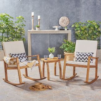 3pc Candel Acacia Wood Patio Rocking Chair and Table Set Teak - Christopher Knight Home | Target