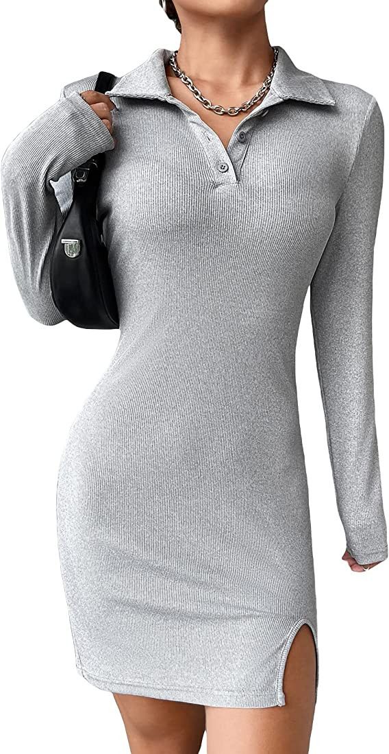 WDIRARA Women's Ribbed Knit Collared Long Sleeve Split Hem Solid Bodycon Mini Polo Dress | Amazon (US)