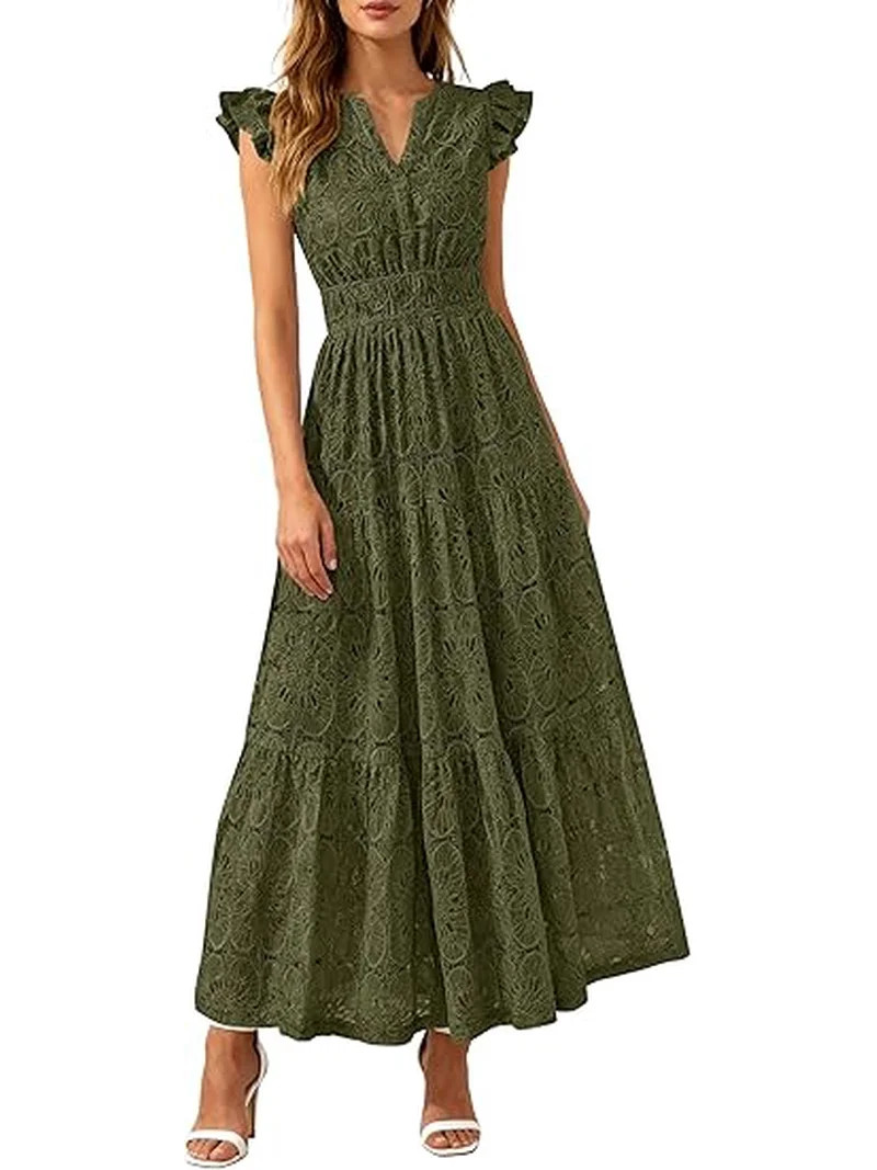 PRETTYGARDEN Womens Boho Maxi Dresses Summer Floral Lace Eyelet V Neck Spring Wedding Guest Dress... | Walmart (US)