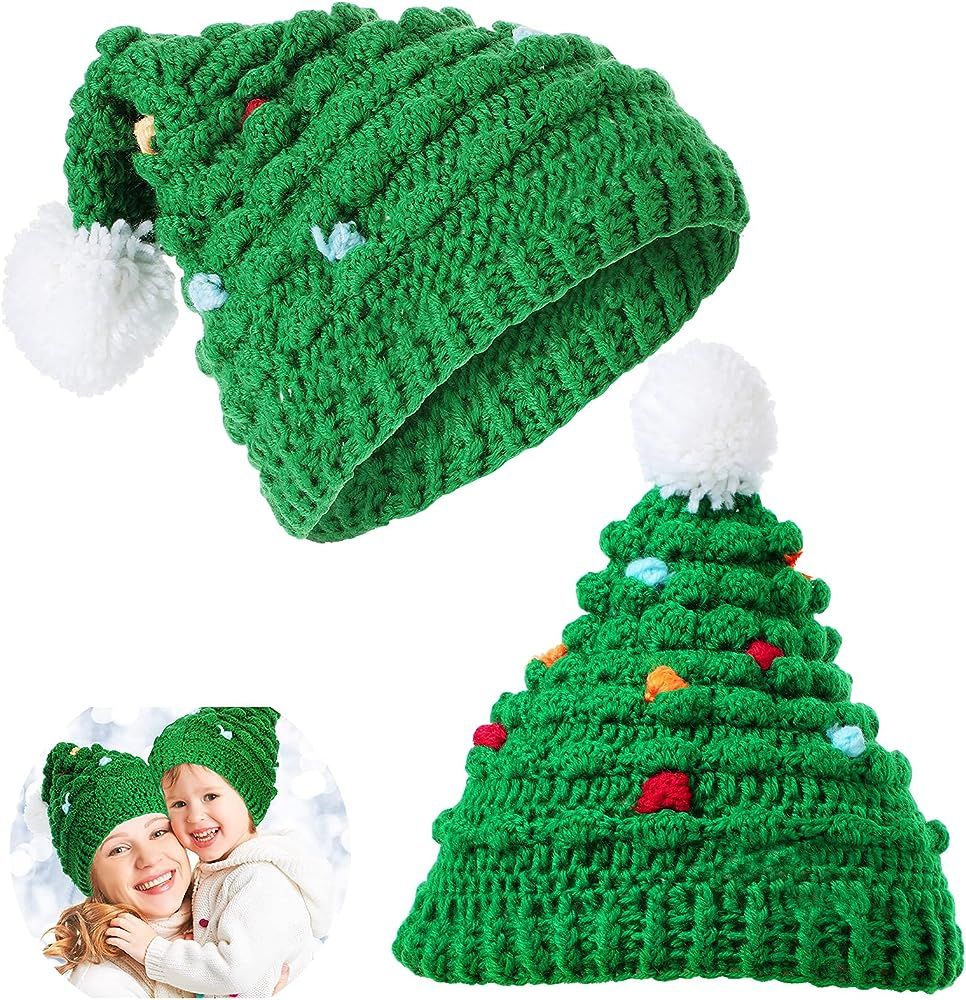 2 Pieces Christmas Hats Adults Baby Santa Hats Christmas Tree Hat Crochet Beanie Green Santa Knit... | Amazon (US)
