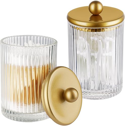 SheeChung 2-Pack Gold Ribbed Glass Qtip Holder - Apothecary Jars Bathroom Organizer with Metal Lids - Countertop Vanity Canister Set for Cotton Swabs, Rounds, Floss Picks-Modern Luxury Decor | Amazon (US)