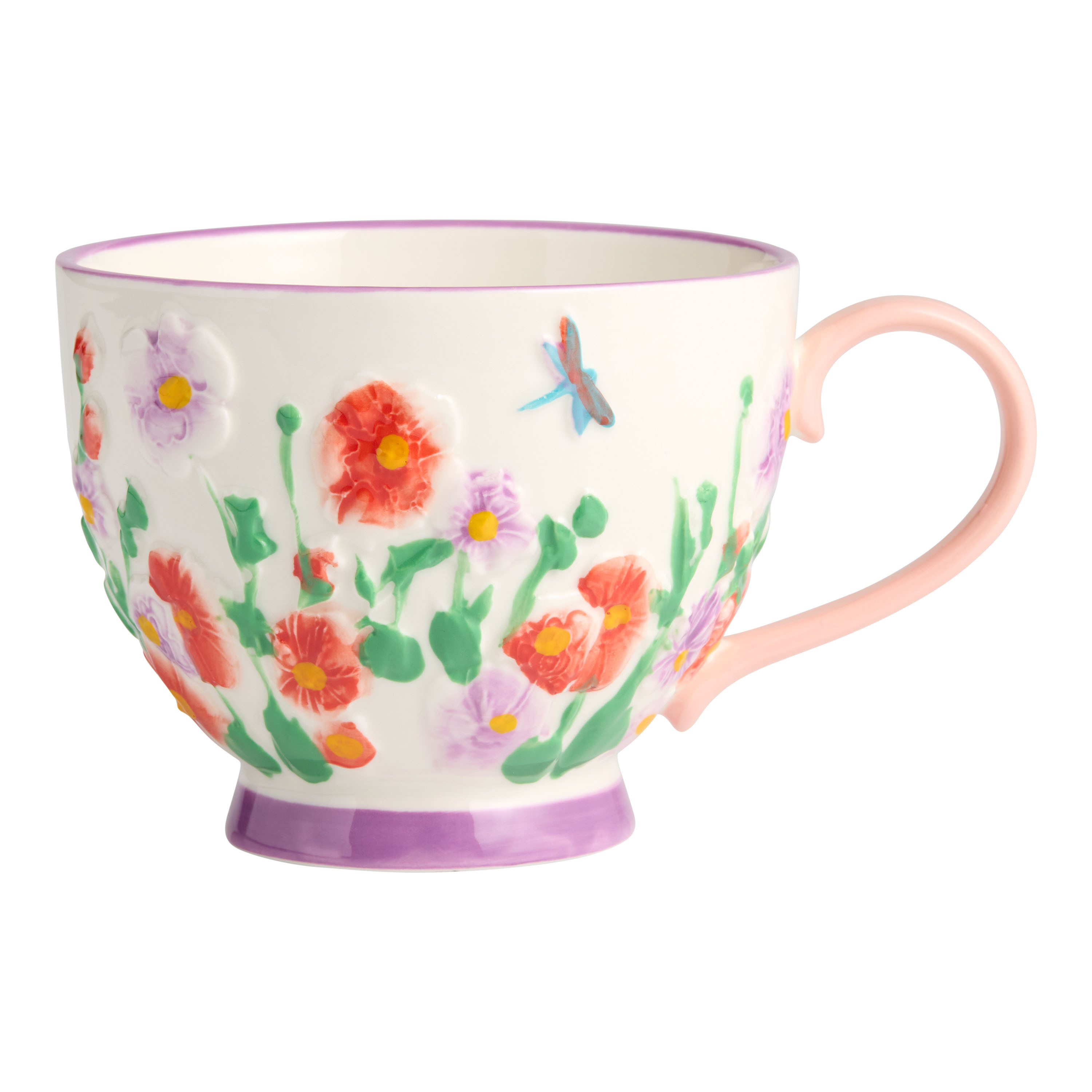 Purple and Coral Dragonfly Floral Hand Painted Ceramic Mug | World Market