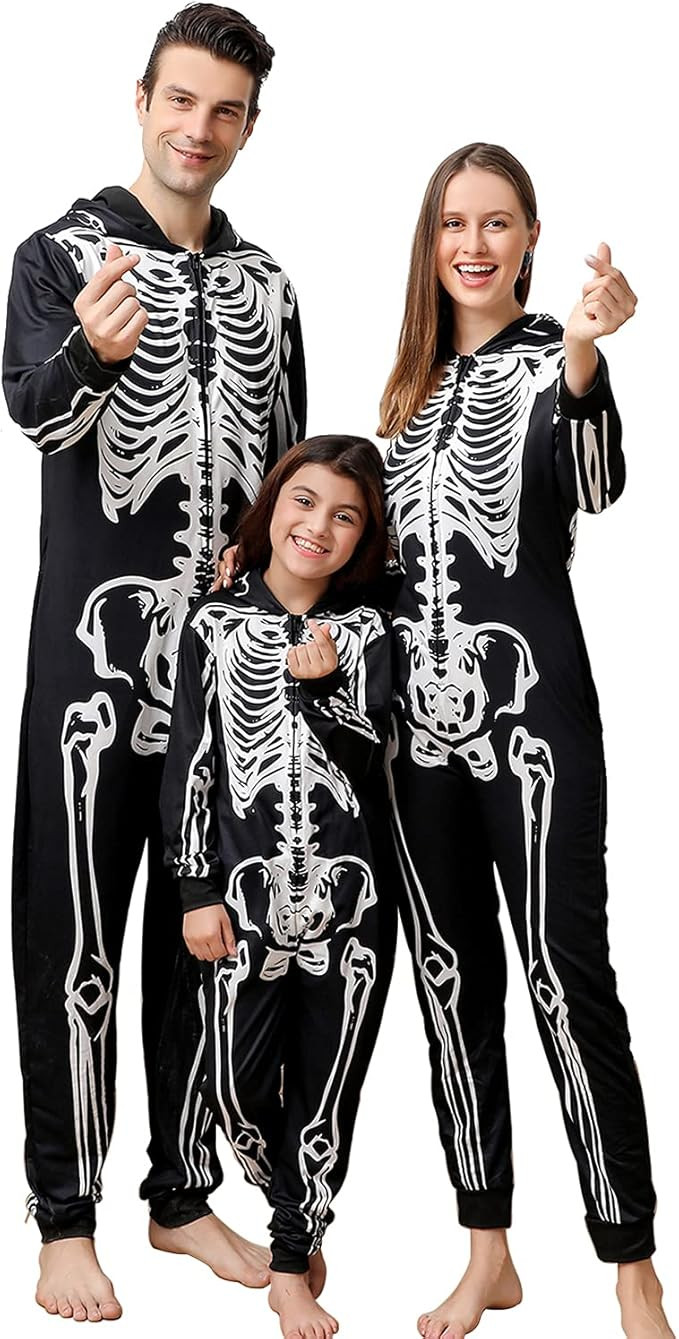 ANGELGGH Family Matching Halloween Onesie Pajamas, Funny Skeleton Hooded Zipper PJs Holiday Loung... | Amazon (US)