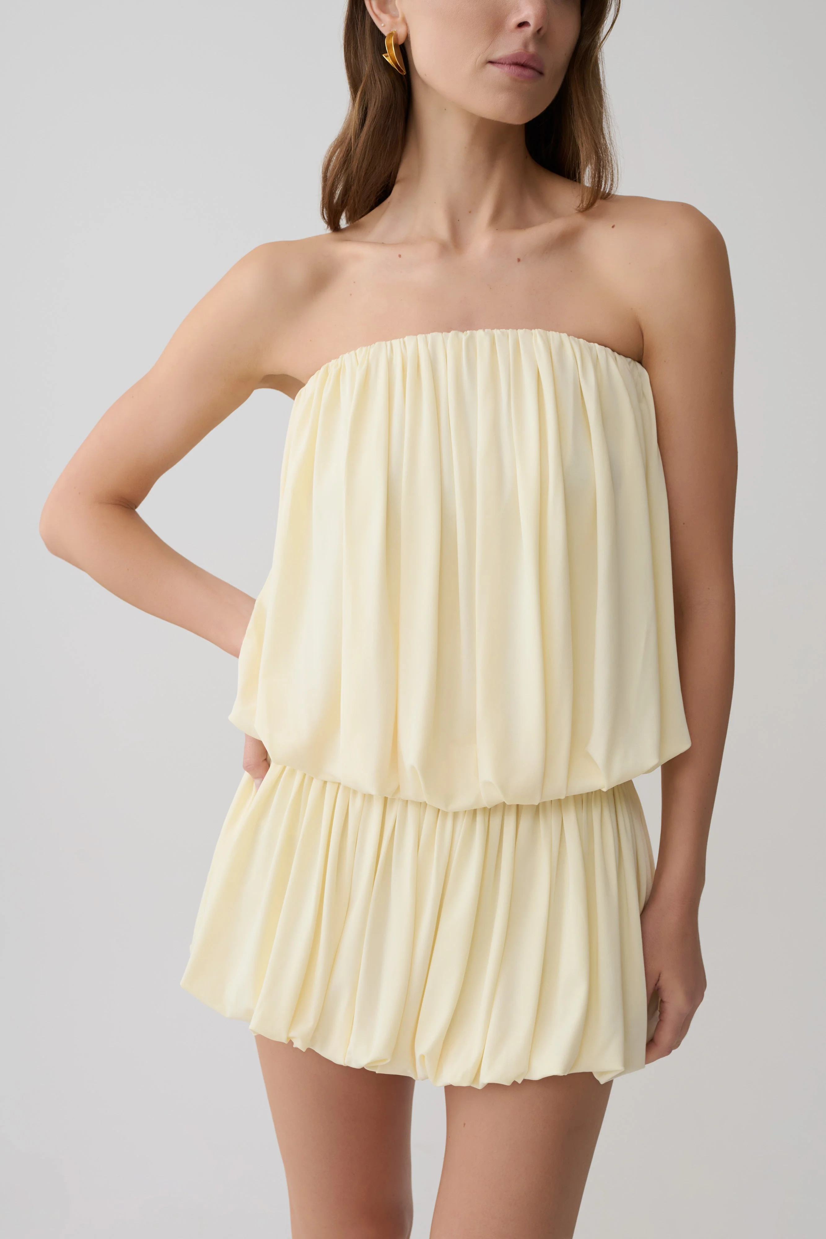 Safiya Strapless Gathered Bubble Mini Dress - Lemon | Meshki UK