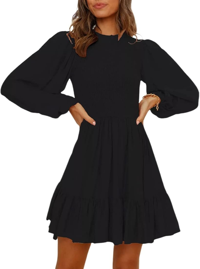 Pasgreson Women's Long Sleeve Smocked Dresses Ruffle Mini Puff Sleeve Flowy Babydoll Short Party ... | Amazon (US)