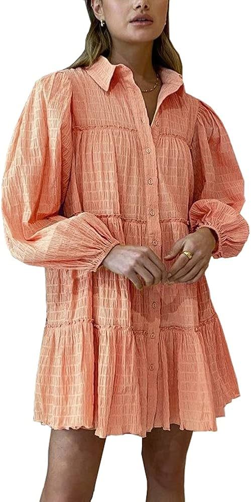 Ruffle Sleeve Tunic Midi Dress Flowy Shift Sundress Sweet Babydoll Button Down Swing Skirt | Amazon (US)