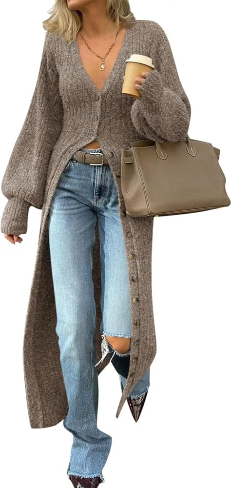 Saodimallsu Womens Long Cardigans V Neck Button Down Chunky Knit Dusters Sweater Coat Fall Trendy... | Amazon (US)